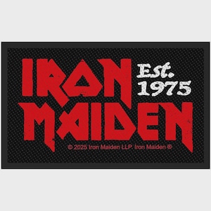 May include: A rectangular black patch featuring the red Iron Maiden logo in a distressed font. To the right, the white text reads Est. 1975. At the bottom, small white text states © 2025 Iron Maiden LLP. Iron Maiden ®. The background has a dotted texture.