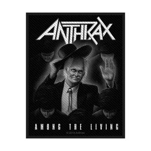 May include: Black and white patch featuring the band name "Anthrax" in a stylized font. The image depicts a man in a suit and hat, surrounded by shadowy figures. The text "AMONG THE LIVING" is at the bottom.