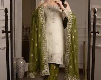 Designer White Palazzo Suit Salwar Kameez with Green Dupatta 3pc Set Readymade, Punjabi Wedding Dress, Sharara for Women,Pakistani Suit,Mahe