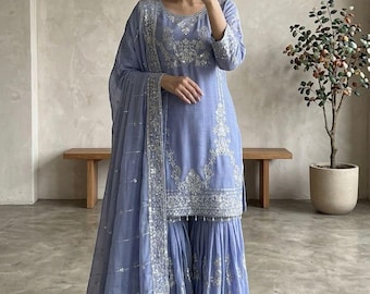 Designer Lavender Sharara Palazzo Suit For Women With Sequence Embroidery Work,Party Wear Suit ,Sharara Suit 3 Pc, Party Wear Suit