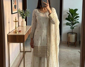 Abito Sharara bianco di alta qualità, Salwar Kameez con Dupatta, set da 3 pezzi, pronto all'uso, abito da sposa punjabi Sharara per donna, abito pakistano