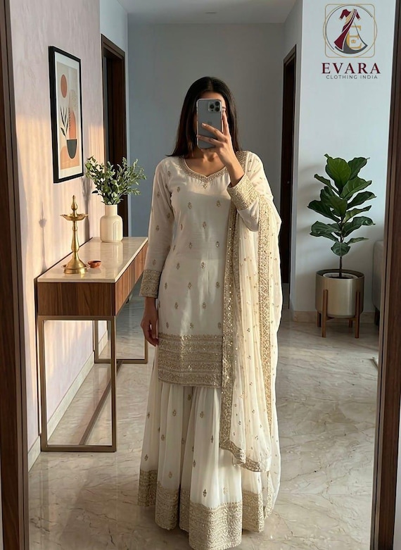 Premium Designer White Sharara Suit Salwar Kameez with Dupatta 3pc Set Readymade, Punjabi Wedding Dress Sharara for Women, Pakistani Suit