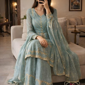 Designer Blue Kurti Sharara with Dupatta for Women Readymade , Ethnic Silk Kurti Suit for women 3 pc,Partywear Salwar Kameez for Women,Blue image 4