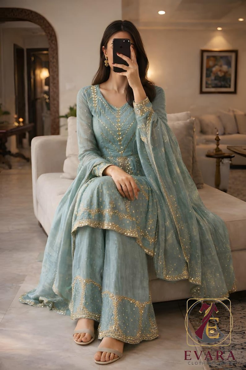 Designer Blue Kurti Sharara with Dupatta for Women Readymade , Ethnic Silk Kurti Suit for women 3 pc,Partywear Salwar Kameez for Women,Blue image 4