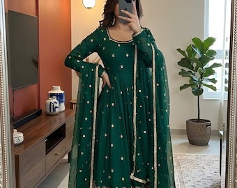 Premium Designer Green Heavy Embroidered Sequence work Salwar Kameez with Dupatta Party wear Dress, Function wear,  Wedding Anarkali,Mahendi