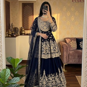 open lace back dress Dusty Blue Elegant Designer Party Wear Gown & Dupatta Se