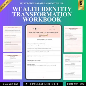 Peut inclure: Un cahier d'exercices numérique intitulé "Wealth Identity Transformation Workbook" avec un design rose et noir. Le cahier d'exercices comprend des invites et des questions à remplir pour aider les utilisateurs à définir leur relation avec la richesse. Le texte "Best Seller" est également inclus.