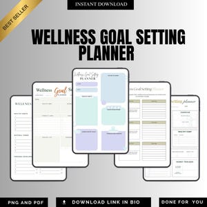 Könnte beinhalten: Ein digitaler Wellness-Zielplaner, der auf Tablets angezeigt wird. Der Planer enthält Abschnitte für gesunde Gewohnheiten, Bewegung und Geldverfolgung. Der Text enthält "Wellness Goal Setting Planner", "Instant Download" und "Best Seller".