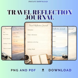 May include: Digital travel reflection journal with lined pages for writing. The image shows several journal pages with prompts for recording travel experiences. Includes the text "Travel Reflection Journal", "PNG AND PDF", and "DOWNLOAD".