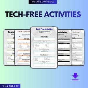 Può includere: Un download digitale intitolato "Attività senza tecnologia" con uno sfondo sfumato verde acqua e viola. L'immagine presenta diversi fogli di lavoro digitali con suggerimenti per la riflessione e la pianificazione. Il testo include "Download istantaneo" e "PNG e PDF".