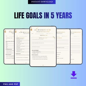Pode incluir: Um planejador digital intitulado "Metas de Vida em 5 Anos" com um fundo gradiente azul e roxo. O planejador inclui páginas para definição de metas, reflexão e planejamento da visão. O texto "Download Instantâneo" e "PNG e PDF" também são visíveis.