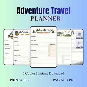 Può includere: Un pianificatore di viaggi d'avventura digitale con uno sfondo blu sfumato. Il pianificatore presenta una grafica a bussola e albero, con sezioni per la destinazione, le date del viaggio e le liste di cose da fare. Il testo "Adventure Travel Planner" è ben visibile.