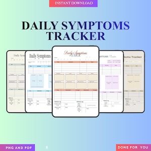 Könnte beinhalten: Ein digitaler Download mit einem täglichen Symptom-Tracker. Das Bild zeigt mehrere digitale Vorlagen mit Abschnitten zur Verfolgung von Symptomen, Medikamenten und Wellness-Protokollen. Der Text enthält "Sofort-Download", "PNG und PDF" und "Erledigt für Sie."