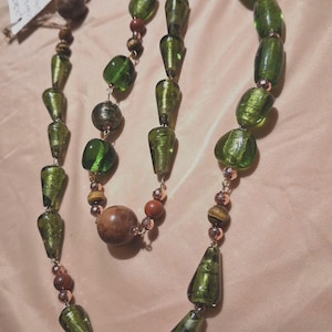 90 cm necklace in real natural stones, Forsterite, Tiger's Eye, RED JASPER, faceted rose gold hematite, + a smoky quartz stone.