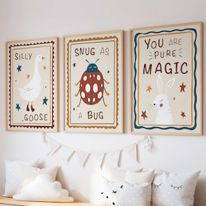 Décoration bohème pour chambre d'enfant - Ensemble d'impressions pour chambre d'enfant, magique, idiote, douillette comme un insecte.