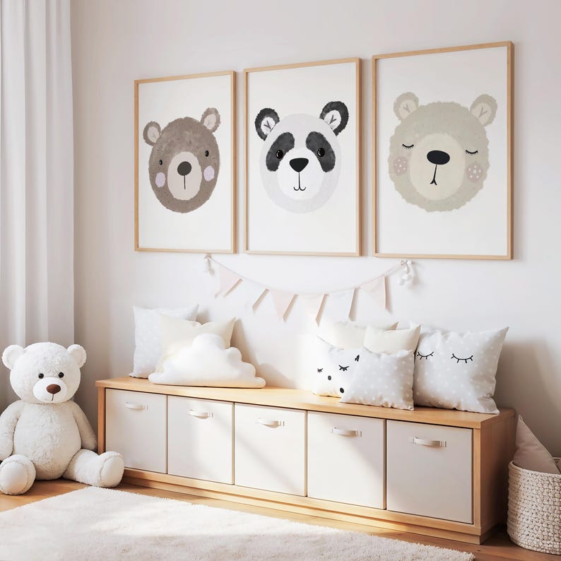 Nursery Decor Bears Wall Art Print Set of 3, Hand-drawn Baby Room Bear ...