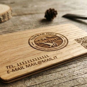 Custom gift oak wood business card, QR code -  laser engraving, wooden card, worker gift