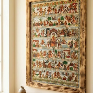 May include: A framed, colorful artwork depicting a series of illustrated scenes with figures in traditional attire. The artwork is in a wooden frame with a dark, textured finish. The artwork is displayed on a light-colored wall.
