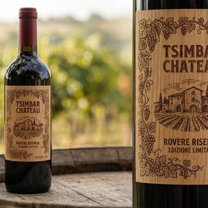 Könnte beinhalten: Eine dunkle Glasweinflasche mit einem holzfarbenen Etikett, das den Text Tsimbar Chateau, Rovere Riserva, Edizione Limitata und die Nummer 024/350 sowie eine detaillierte Illustration eines Schlosses und Weinreben zeigt.