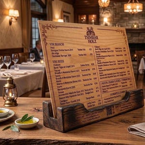 Könnte beinhalten: Hölzerne Restaurantkarte mit Weinauswahl, präsentiert auf einem Holzständer. Das Menü zeigt den Text "TSIMBAR HOLZ". Der Hintergrund zeigt ein Restaurant mit Tischen und Stühlen.