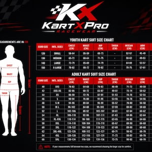 Puede incluir: Tabla de tallas de monos de karting para j&oacute;venes y adultos, con medidas en cm. Incluye medidas de pecho, cintura, cadera, muslo, entrepierna, brazo y altura para tallas de la S a la 5XL.