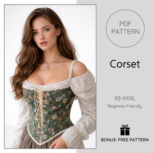 Puede incluir: Un corsé floral verde con un frente con cordones color crema, combinado con una blusa blanca con hombros descubiertos. La imagen incluye el texto "PDF PATTERN", "Corset", "XS-XXXL", "Beginner Friendly" y "BONUS: FREE PATTERN".