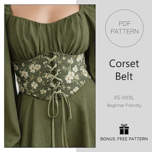 Può includere: Una cintura a corsetto verde oliva con motivo floreale e chiusura con lacci. La cintura è abbinata a un vestito verde oliva coordinato. L'immagine include il testo "PDF PATTERN", "Corse Belt", "XS-XXXL", e "Beginner Friendly".