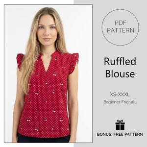 May include: A red, ruffled blouse with a white polka dot pattern and cherry illustrations. The blouse has a V-neck and short, ruffled sleeves. The text "Ruffled Blouse" and "XS-XXXL" are visible. The image also includes the text "PDF PATTERN" and "Beginner Friendly".