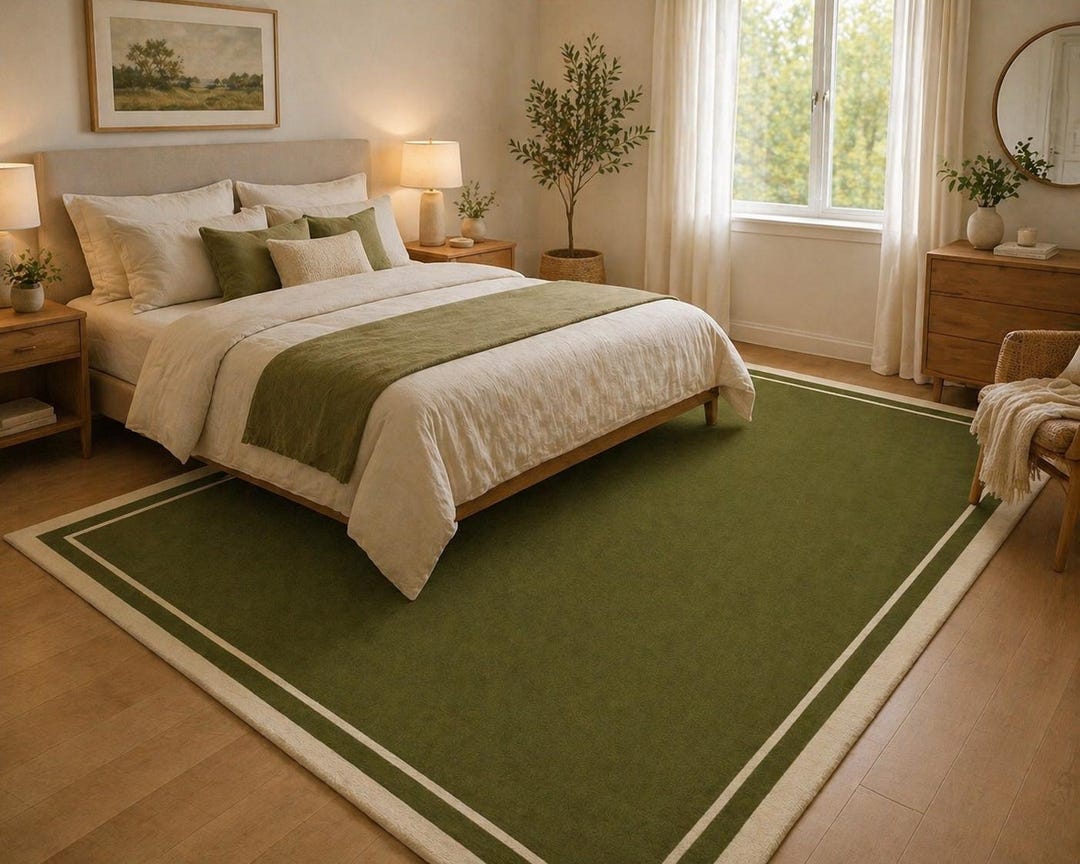 Hand Tufted NZ Wool Rug, Olive Green Cut Pile, Modern Minimalist Border ...
