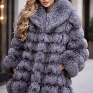 Chaqueta de piel de zorro gris plateado / Abrigo de piel de zorro real de lujo, abrigo de piel natural, abrigo vintage para mujer