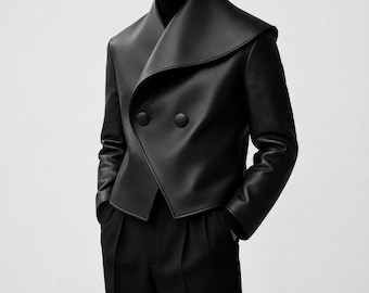 Zwarte leren jas heren, asymmetrische jas, minimalistische jas met brede revers, modern getailleerd jasje, avant-garde modecadeau voor vriend