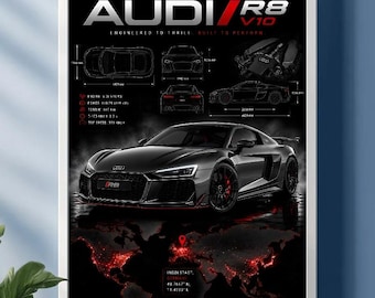 Impression du plan de l'Audi R8 V10, art mural automobile Supercar (téléchargement numérique)