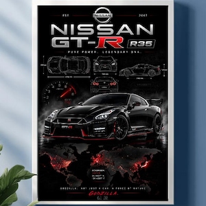May include: A framed poster featuring a black Nissan GT-R R35 sports car. The design includes technical line drawings, a tachometer, a world map with red glowing regions, and text reading Nissan GT-R R35, Pure Power, Legendary DNA, and Godzilla.