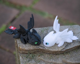 3D Printed Baby Dragon Figurines: Night Fury & Light Fury Inspired