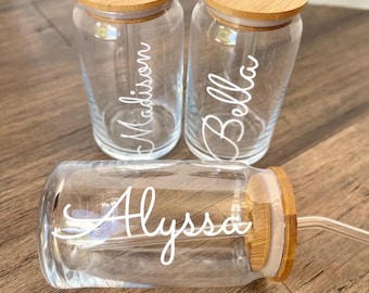 Personalized Glass Cup with Bamboo Lid and Straw 16oz