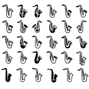 Pode incluir: Uma coleção de trinta ícones em preto e branco dispostos em uma grade, cada um representando um saxofone. Os ícones apresentam várias interpretações artísticas do instrumento musical, exibindo diferentes espessuras de linha e silhuetas.