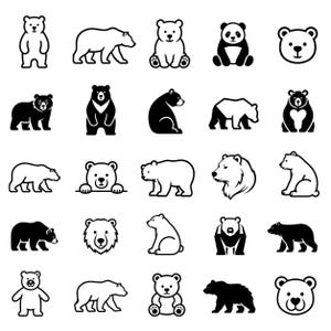 Pode incluir: Uma coleção de vinte e cinco ícones de ursos em preto e branco dispostos em uma grade de cinco por cinco. O conjunto apresenta várias espécies de ursos, incluindo pandas e ursos polares, retratados em diversas poses como em pé, sentados, caminhando e retratos de cabeça.