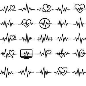 Puede incluir: Una colección de diseños de arte lineal de latidos cardíacos en blanco y negro. Los diseños incluyen formas de corazón y gráficos de pantalla de monitor, que representan temas médicos y de salud. Las ilustraciones son adecuadas para diversas aplicaciones.