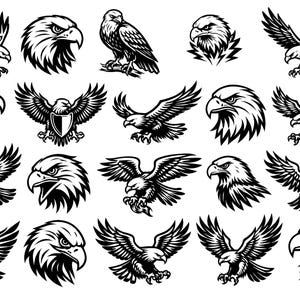 May include: A collection of black and white eagle illustrations. The images depict eagles in various poses, including flying, perched, and headshots. The illustrations are detailed and suitable for graphic design projects.