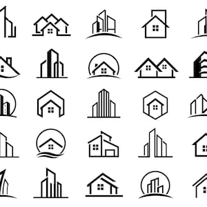 May include: A collection of black and white architectural logos featuring various house and building designs. The logos include simple house outlines, stylized skyscrapers, and combinations of both, suitable for real estate or construction businesses.