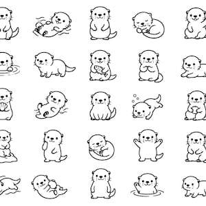 May include: A collection of twenty-five black and white line art illustrations featuring cute otters in various poses, including swimming, sleeping, holding shells or fish, waving, and sitting, all rendered in a simple, clean, and consistent style.
