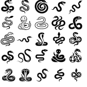 Op de afbeelding: Een verzameling van vijfentwintig verschillende zwart-wit grafische iconen met diverse slangen-silhouetten. De set bevat slangen in opgerolde, kronkelende en rechtopstaande posities, met uiteenlopende patronen en vormen in een raster.