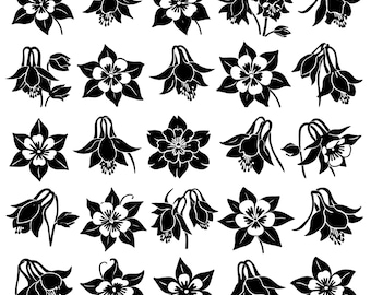 Columbine Flower SVG Bundle – 25 Unique Botanical Blossom Icons, Solid Black Outline Art, White Background, Cricut Silhouette
