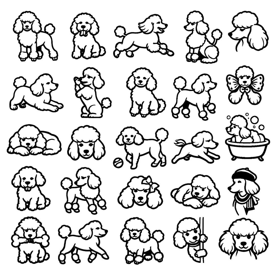 Poodle SVG Icon Set – 25 Distinct Black Outline Canine Illustrations ...
