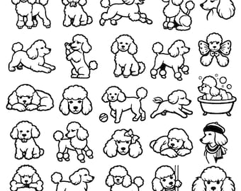 Poodle SVG Icon Set – 25 Distinct Black Outline Canine Illustrations, Solid Line Artwork, Clean White Background, Cricut Silhouette