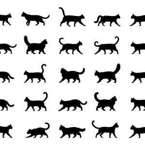 May include: A collection of twenty-five distinct black silhouettes of cats arranged in a five-by-five grid. Each cat is depicted in a walking or standing profile pose with various tail positions, showcasing different feline body shapes and fur textures.