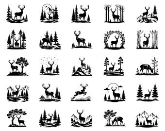 Deer Forest SVG PNG Bundle – 25 Unique Wildlife Scene Icons, Bold Outline Art, White Background, Nature Silhouette Pack, Cricut Silhouette