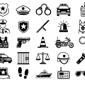 May include: A set of black and white icons representing police-related items. The icons include a police badge, hat, handcuffs, police car, walkie-talkie, police officer, baton, siren, police dog, vest, gun, traffic cone, motorcycle, magnifying glass, police van, jail bars, scales, helmet, flashlight, footprints, boat, radio, and sunglasses.