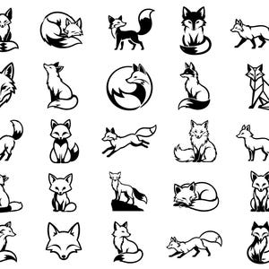 May include: A collection of twenty-five black and white fox illustrations arranged in a grid. The set features various poses including foxes sitting, running, sleeping, and curled into circles, rendered in simple graphic silhouettes and line art.