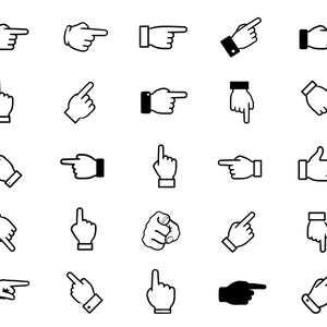 May include: A collection of twenty-five black and white icons featuring various hand gestures with fingers pointing in different directions, including horizontal, vertical, and diagonal orientations, rendered in both solid and outlined styles.